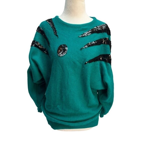 𝅺vintage 80's Green Crew Neck Sweater Black Sequin Detailing Size M - Picture 1 of 11